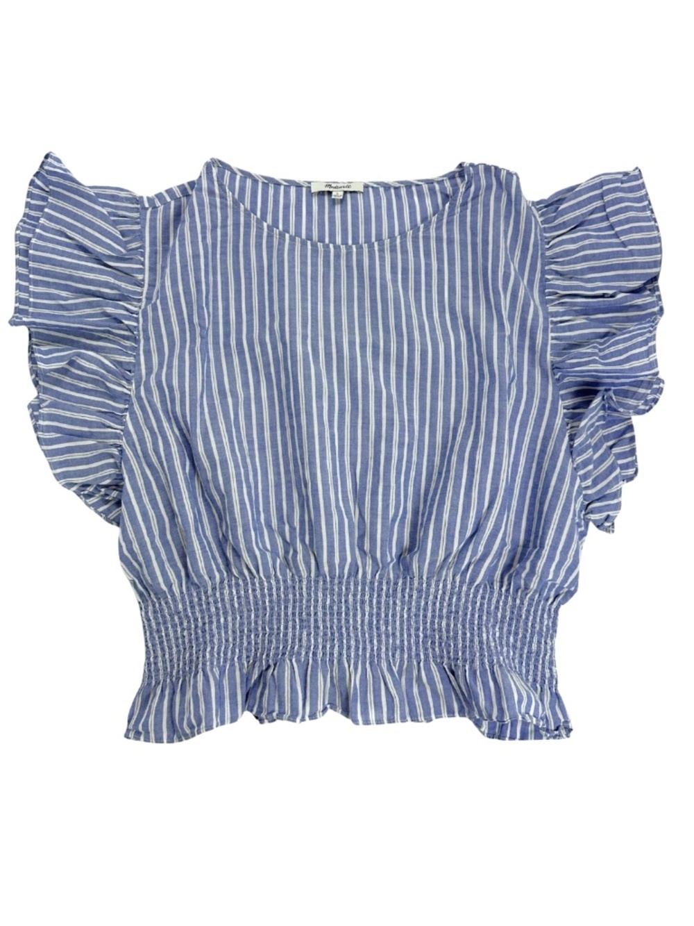 Madewell Blue White Striped Smocked Ruffle Blouse Large
